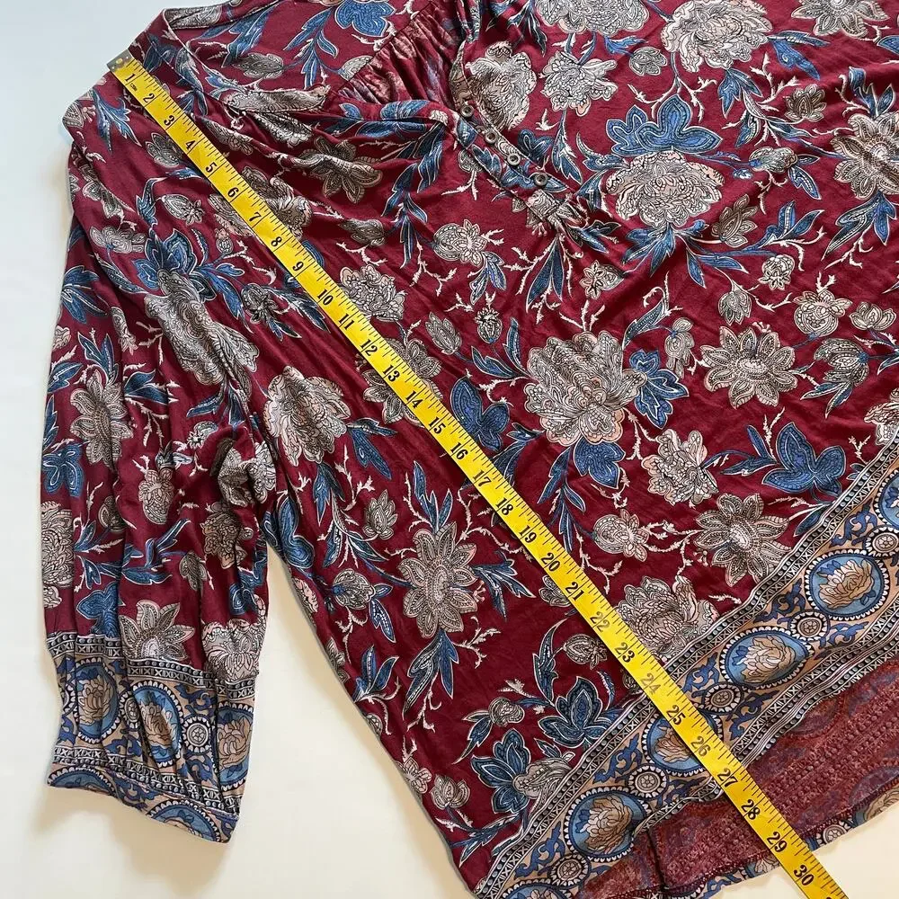 Lucky Brand Floral Henley Top Womens Size 2X Burgundy Blue Border Knit Peasant